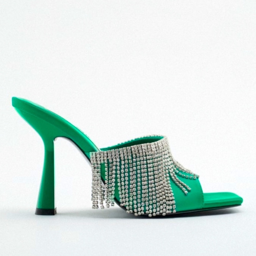 Zara Crystal Fringes Green Satin Heels EU38 US7.5 UK5